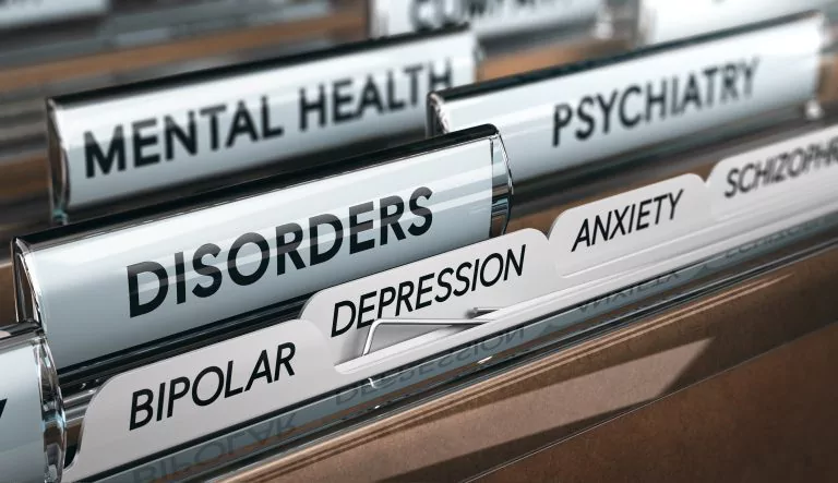 Schilder in Mappen auf denen Mental health, Psychatri, Depression und noch andere Worte stehen